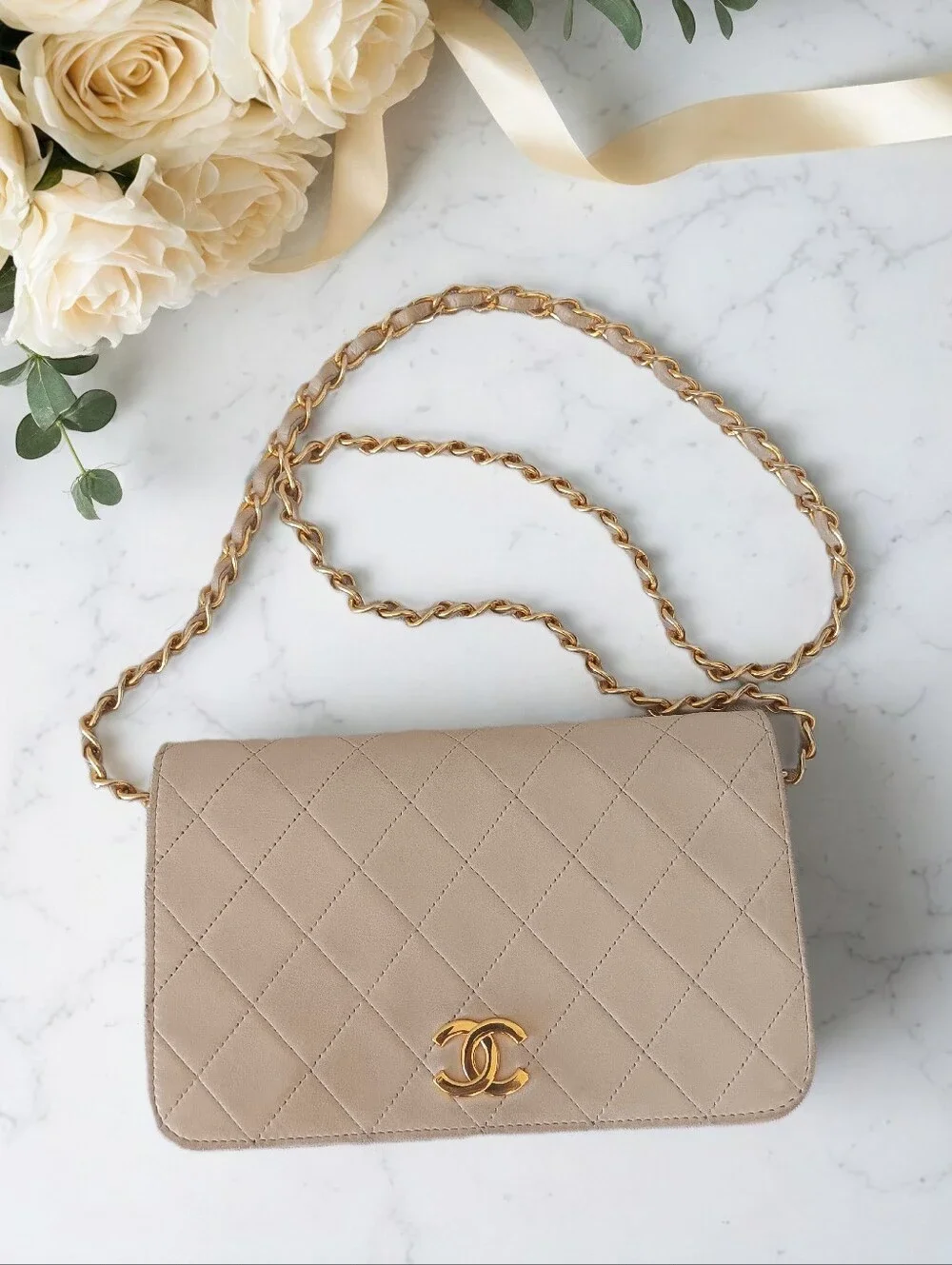 Chanel Vintage Small Full Flap Beige Lambskin 24K Gold Plated ✨ COA - Picture 3 of 15